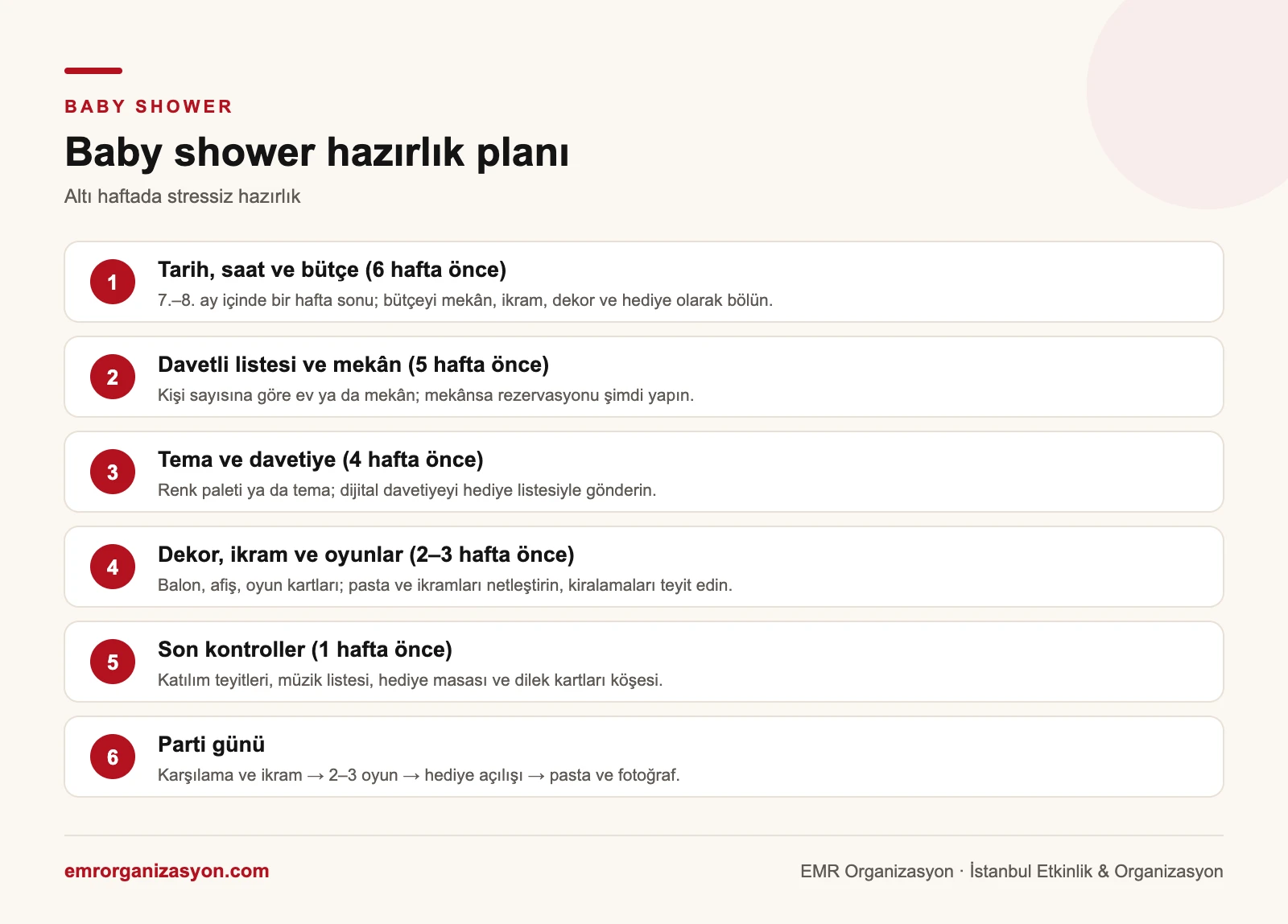 Baby shower hazırlık planı: altı haftadan parti gününe adım adım tarih, davetli listesi, tema, dekor ve ikram, son kontroller ve parti akışı