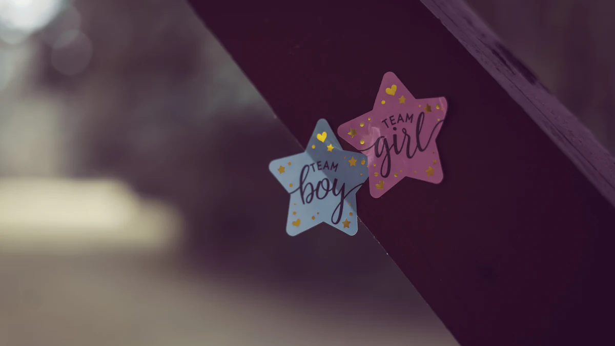 Team boy ve team girl yazılı mavi ve pembe yıldız etiketler: cinsiyet partisinde tahmin oyunu