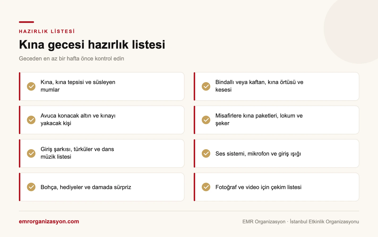 Kına gecesi hazırlık listesi infografiği: kına tepsisi, bindallı, altın, kına paketleri, müzik, ses ve ışık, bohça ve çekim listesi